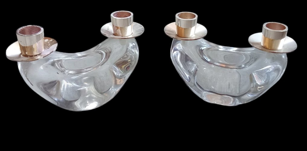 Paire Anciens Bougeoirs 2 Feux Cristal Schneider old  Crystal Candlesticks