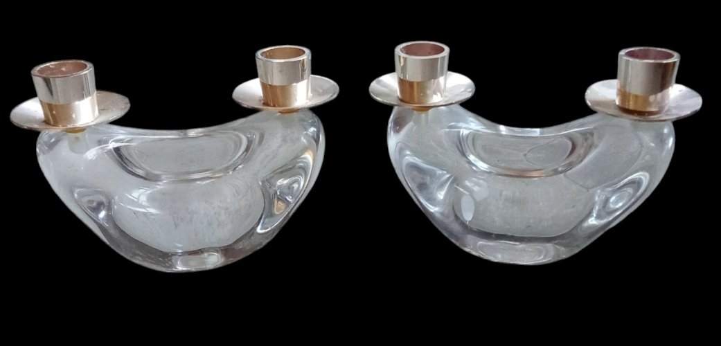 Paire Anciens Bougeoirs 2 Feux Cristal Schneider old  Crystal Candlesticks