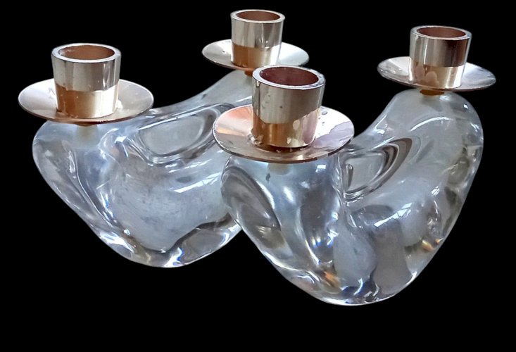 Paire Anciens Bougeoirs 2 Feux Cristal Schneider old  Crystal Candlesticks