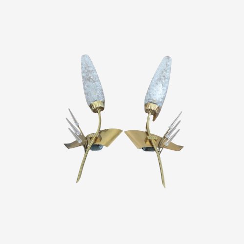 PAIRE APPLIQUES ARLUS ASYMETRIQUES LAITON, VERRE TEXTURE ET PERSPEX ANNEES 50 60