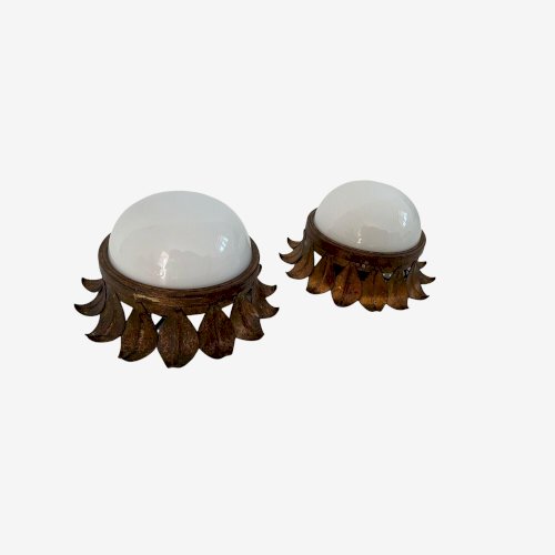 PAIRE APPLIQUES OU PLAFONNIERS  SOLEIL  EN METAL DORE ET OPALINE ANNEES 60 70.