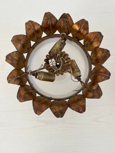 PAIRE APPLIQUES OU PLAFONNIERS  SOLEIL  EN METAL DORE ET OPALINE ANNEES 60 70.