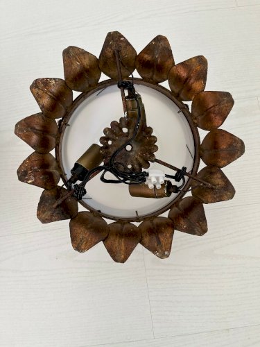 PAIRE APPLIQUES OU PLAFONNIERS  SOLEIL  EN METAL DORE ET OPALINE ANNEES 60 70.