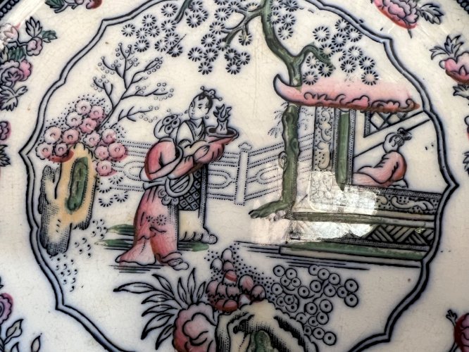 Paire Assiettes Chinoiserie 19e Jemmapes Belgique Décor Vert Rose