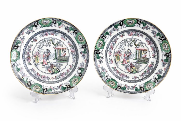 Paire Assiettes Chinoiserie 19e Jemmapes Belgique Décor Vert Rose