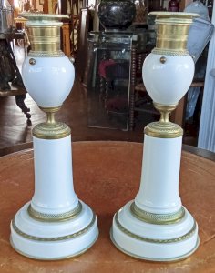 Pair of Louis XVI Style Candlesticks Porcelain Brass 19th Century Old Candlestick