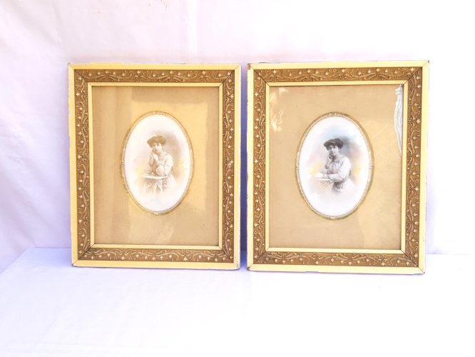 Paire cadres Art Nouveau 1900 passe-partout vue ovale