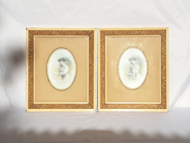 Paire cadres Art Nouveau 1900 passe-partout vue ovale