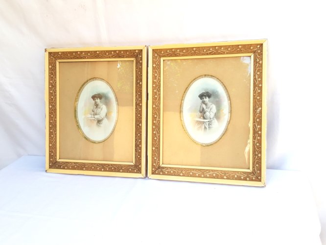 Paire cadres Art Nouveau 1900 passe-partout vue ovale