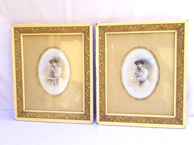 Paire cadres Art Nouveau 1900 passe-partout vue ovale