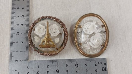 Paire d'anciennes broches, art deco, décor roses, lucite