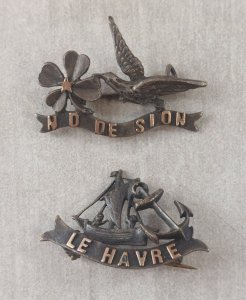Pair of antique religious pins, Notre Dame de Sion and Le Havre