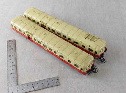Pair of vintage trailers, one motorized, Picasso railcar, Jouef in HO scale.