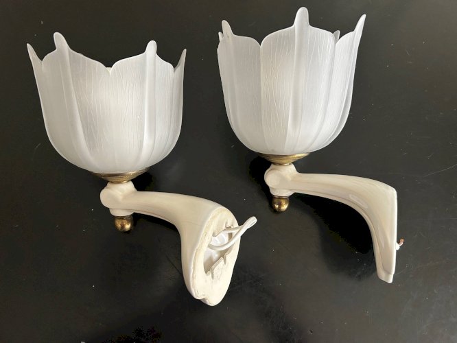 paire dappliques en céramique et verre sablé  1950