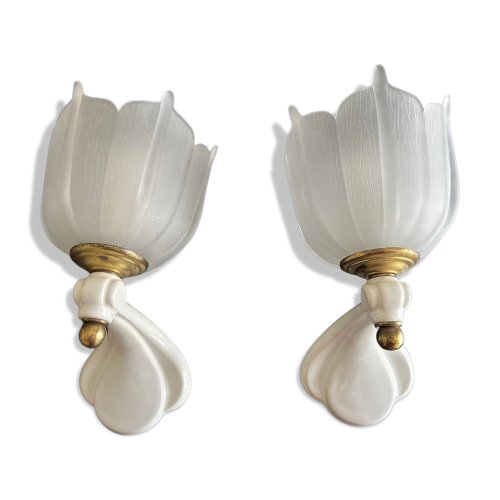 paire dappliques en céramique et verre sablé  1950