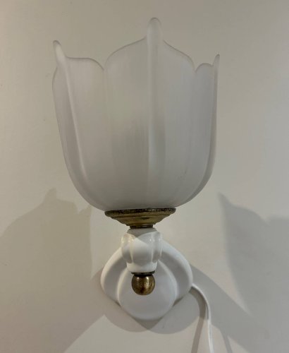 paire dappliques en céramique et verre sablé  1950