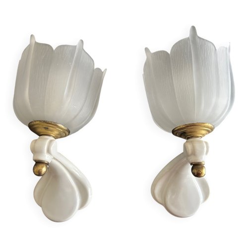 paire dappliques en céramique et verre sablé  1950