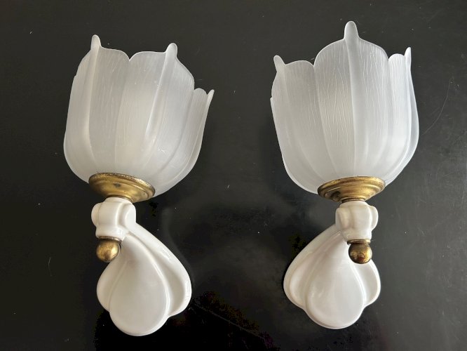 paire dappliques en céramique et verre sablé  1950