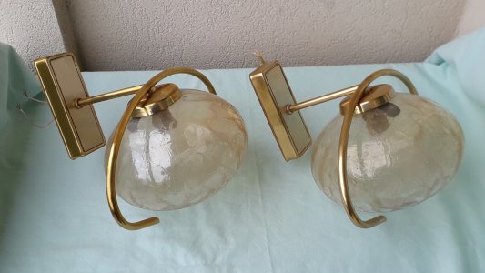 Pair of brass and glass wall sconces
