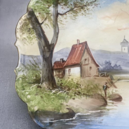 Paire d'assiette en porcelaine cabane de pécheur peint à la main signé Albert