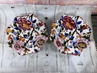 Pair of antique Gien Pivoine plates – Earthenware floral decoration – 19th century