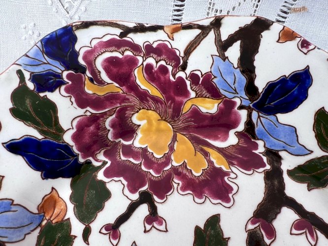 Paire d’assiettes anciennes Gien Pivoine – Faïence décor floral – XIXe siècle