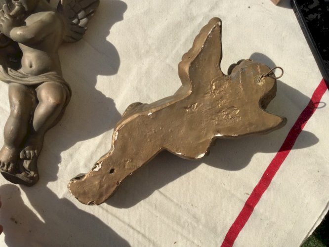 Paire de 2 angelots chérubins putti ailé musique accroche mural platre ? Ht 25cm