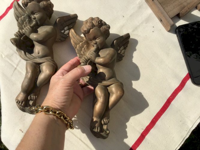 Paire de 2 angelots chérubins putti ailé musique accroche mural platre ? Ht 25cm