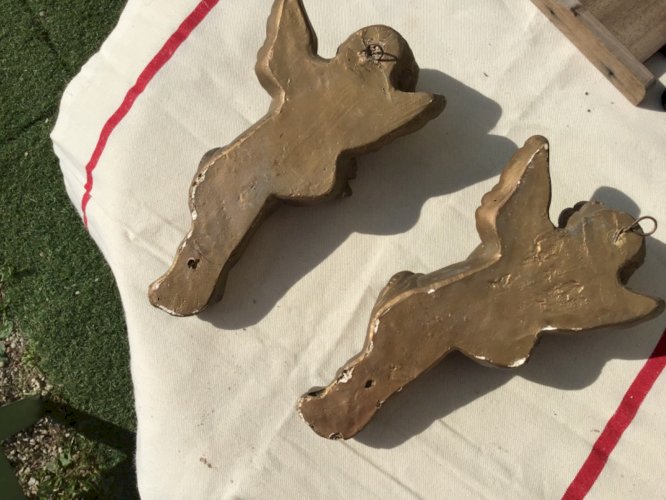 Paire de 2 angelots chérubins putti ailé musique accroche mural platre ? Ht 25cm