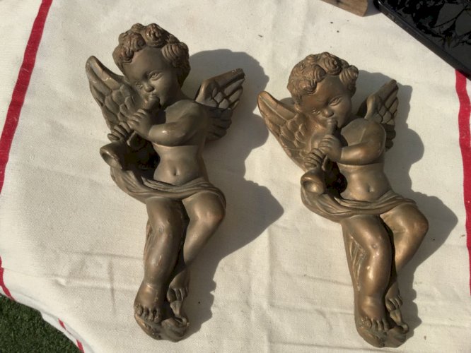 Paire de 2 angelots chérubins putti ailé musique accroche mural platre ? Ht 25cm