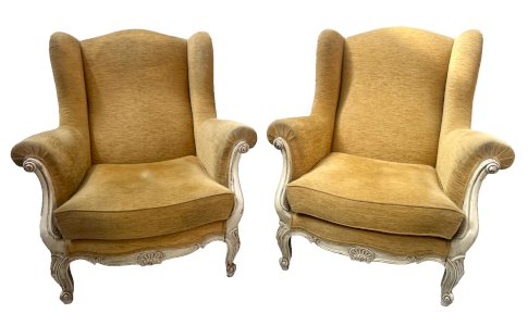 Pair of Louis XV style high-back armchairs in patinated hornbeam, 20th century.