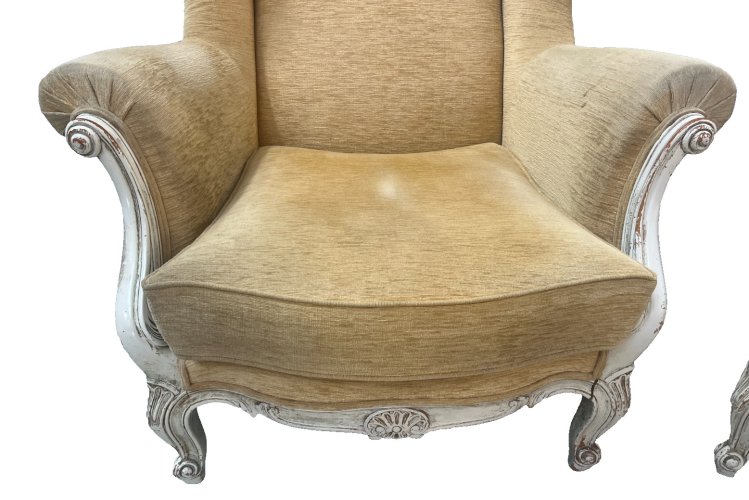 Paire de bérgères a oreilles de style Louis XV en hetre patiné XX siècle