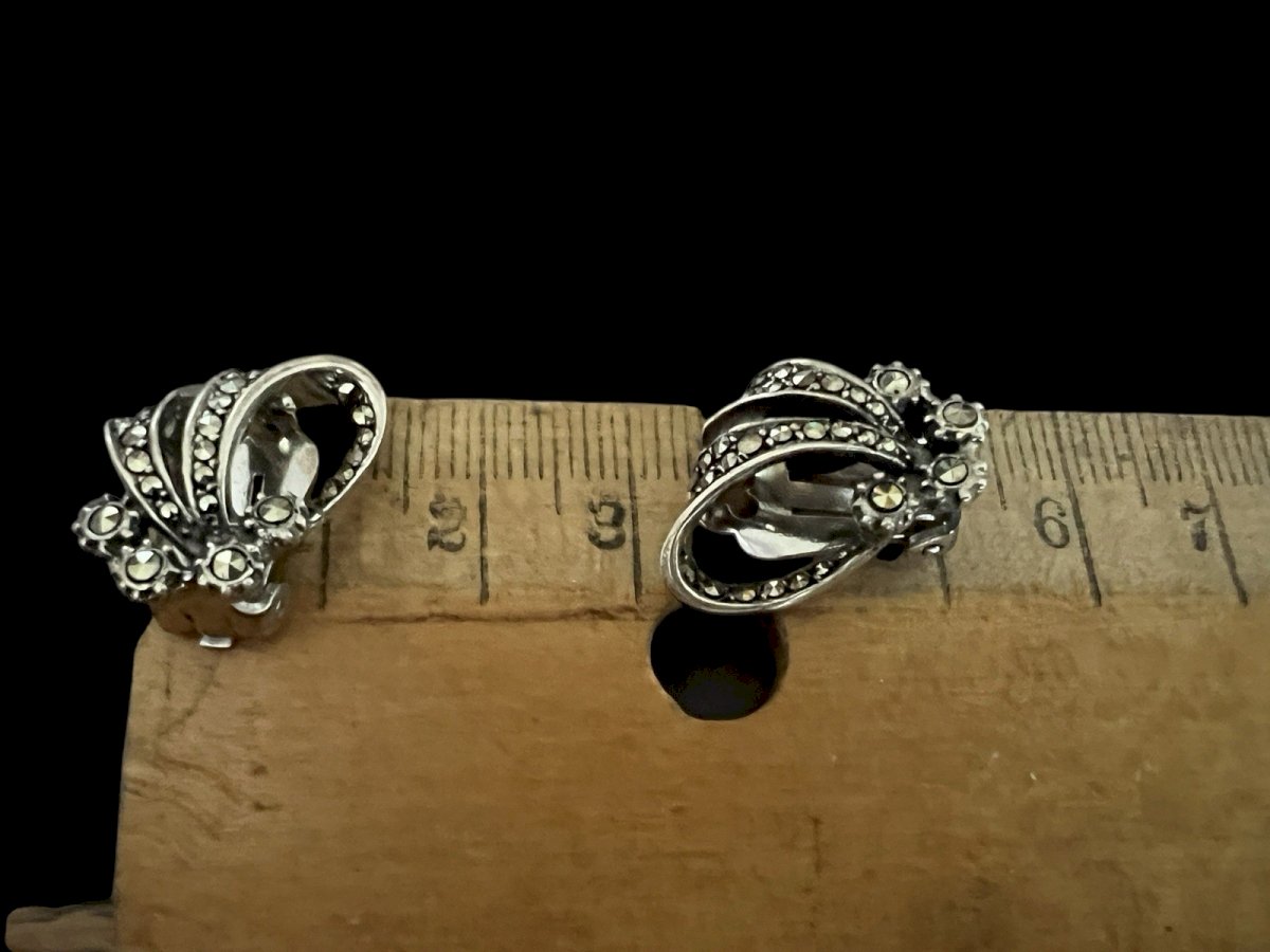 Boucles D'oreilles Vintage Années 1950/60 - Argent Massif Et Marcassites, Fermoir Clips