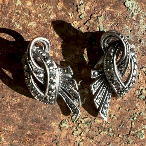 Paire de boucles d’oreilles circa 1950/1960 argent massif / Marcassites Vintage