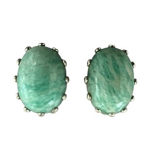 Paire de boucles d’oreilles vintage vers 1970 argent massif 835 Serti Amazonite