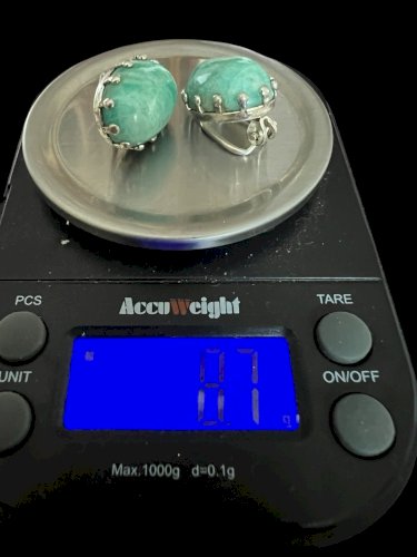Paire de boucles d’oreilles vintage vers 1970 argent massif 835 Serti Amazonite
