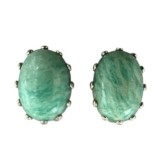 Paire de boucles d’oreilles vintage vers 1970 argent massif 835 Serti Amazonite