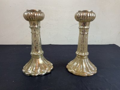 Pair of antique blown glass eglomisé candle holders, mercury.