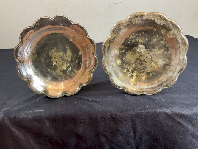 Paire de bougeoir ancien en verre soufflé églomisé, mercure .