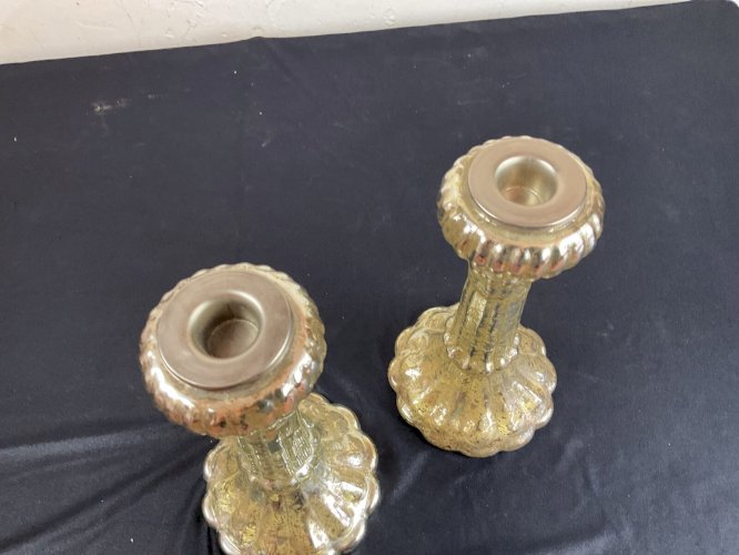 Paire de bougeoir ancien en verre soufflé églomisé, mercure .