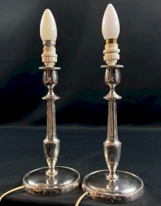 Pair of Louis XVI silver-plated candle holders signed Armand Frenais converted into lamps.