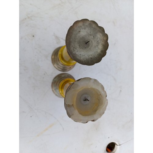 Paire de Bougeoirs Métal Argenté , Verre Jaune