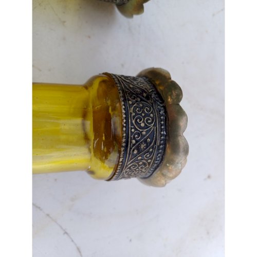 Paire de Bougeoirs Métal Argenté , Verre Jaune