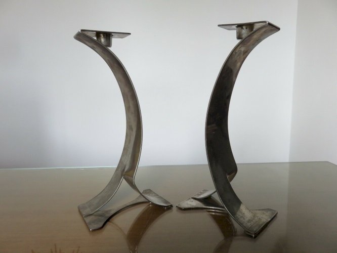 PAIRE DE BOUGEOIRS SCANDINAVES SIGNES EN METAL ARGENTE ANNEES 70 80 VINTAGE