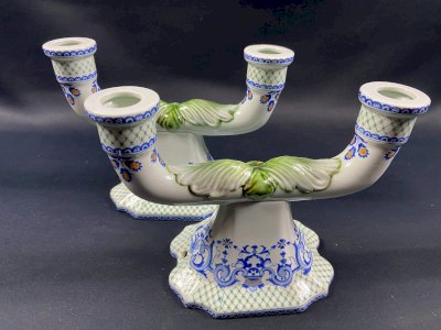 Pair of candlestick table ends in Gien earthenware Regency style