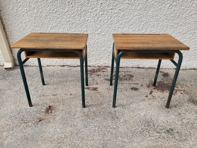 PAIRE DE BUREAUX PUPITRES ECOLIER 1960 EN METAL ET BOIS CHENE REF JE