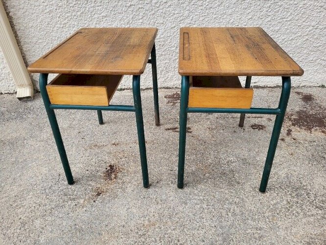 PAIRE DE BUREAUX PUPITRES ECOLIER 1960 EN METAL ET BOIS CHENE REF JE