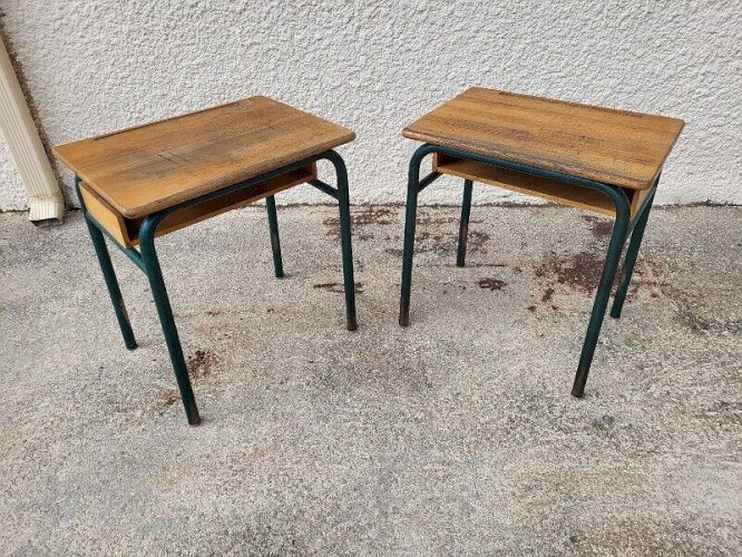 PAIRE DE BUREAUX PUPITRES ECOLIER 1960 EN METAL ET BOIS CHENE REF JE