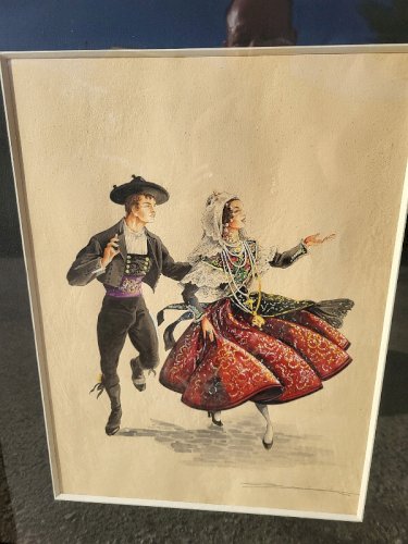 PAIRE DE CADRES TABLEAUX AQUARELLE DANSE FOLKLORIQUE SIGNEE