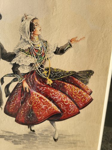 PAIRE DE CADRES TABLEAUX AQUARELLE DANSE FOLKLORIQUE SIGNEE